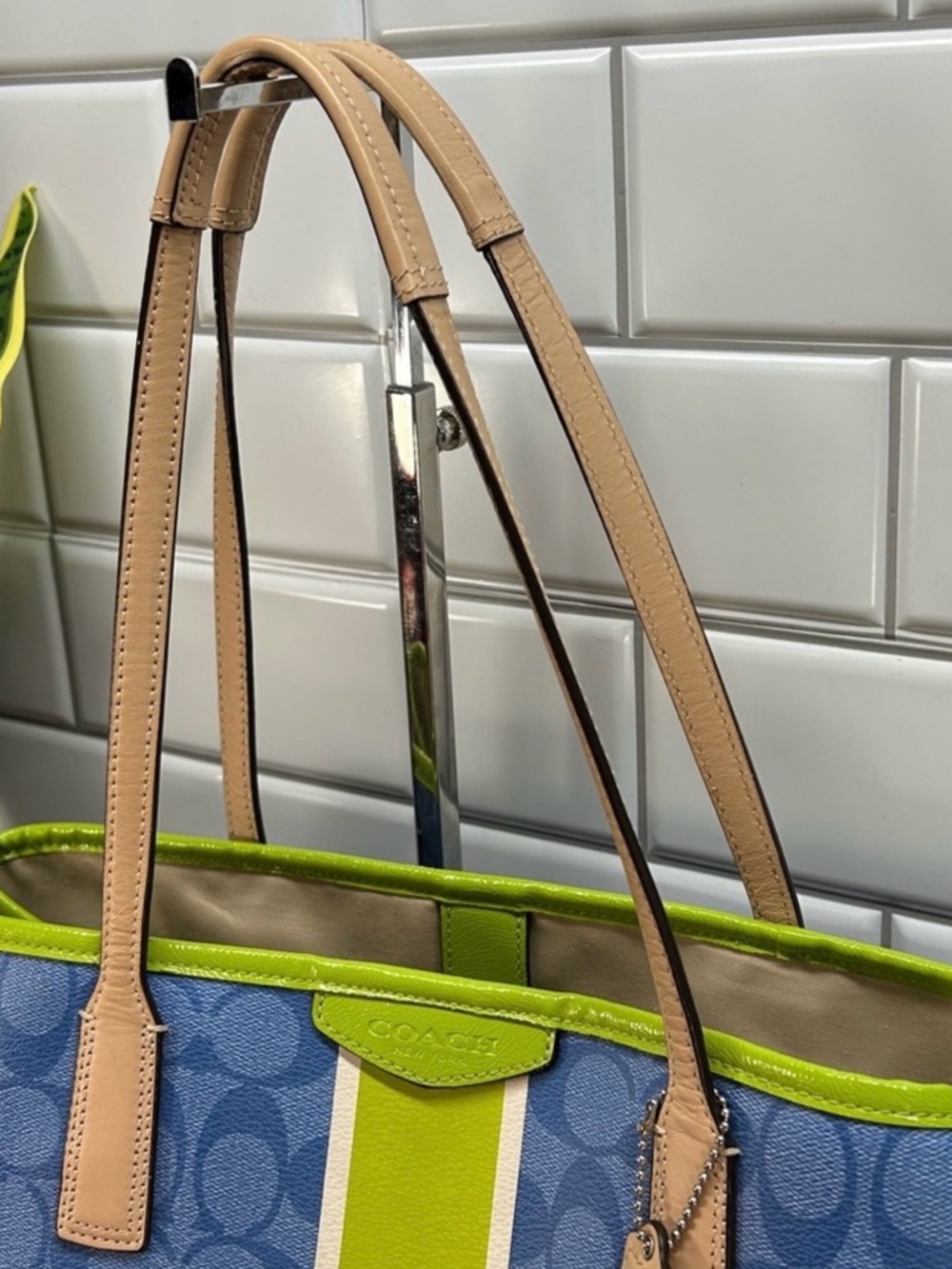 Coach Blue Signature Tote with Lime Center Stripe and Beige Trim - Picture 9 of 14